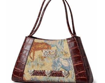Bolso de hombro vintage con tapiz de caballo, marrón, con herrajes en forma de corazón y estampado de cocodrilo, estilo western.