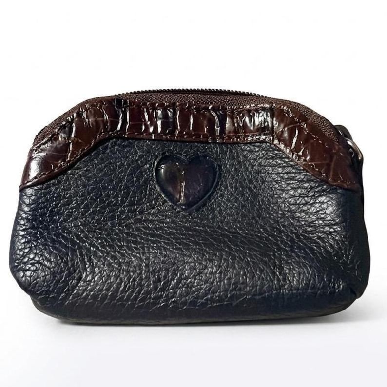 Brighton Black Pebbled Leather Coin Purse Brown Croc Trim Heart Detail Pouch image 1