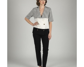 Dawn Joy Fashions VTG - Haut à manches courtes noir et blanc pour femme Sz 9 10 à rayures rétro