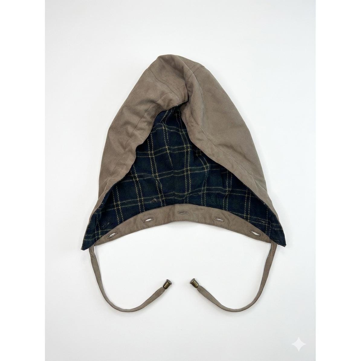 Unbranded Detachable Button-On Hood Taupe Canvas Navy Plaid Lined Replacement