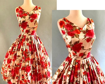 Lovely Rose Print Silk Twill Vintage Early 1960s Summer dress by "Jannell" of California  --Size  Small