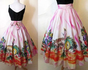 Awesome 1950's Hand Painted Mexican Circle Skirt Vintage Western Mexicana VLV Rockabily Pinup Girl Size Small/Medium