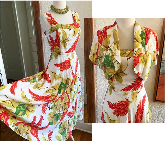 Awesome 1940's Cold Rayon Hawaiian Dress with Mat… - image 1