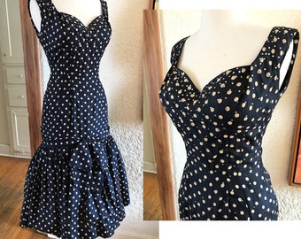 Flirty Vintage 1950's Silk Polkadot Cocktail Party Mermaid Dress  -- size Small