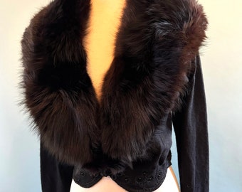 Luscious Vintage 1960's Cashmere Sweater with Bead work and Huge Fox Fur Collar!-- Size Medium