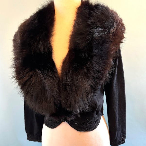 Luscious Vintage 1960's Cashmere Sweater with Bead work and Huge Fox Fur Collar!-- Size Medium