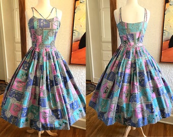 Lovely 1950's Designer Cotton Print Sun Dress/ Party Dress by " Alex Colman" of California  - Size Small