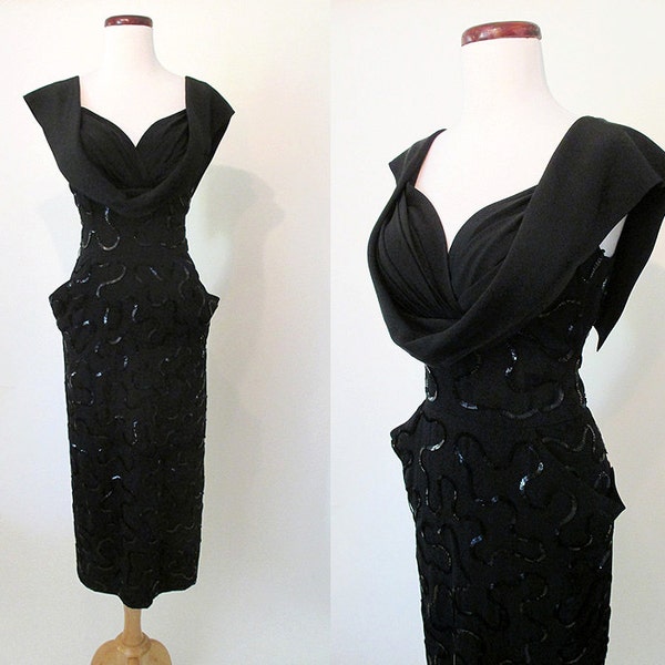 ON HOLD Jaw Dropping 1950’s Designer Vintage Cocktail Party Dress Shelf Bust/Sequins by "Audree Gay Creations" Chic Pinup Girl  size Small