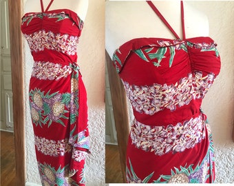 ALOHA! Killer Vintage 1950s Rayon Hawaiian Sarong Dress by "-Nani of Hawaii"- Size small