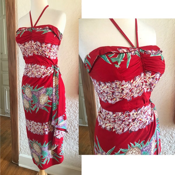 ALOHA! Killer Vintage 1950s Rayon Hawaiian Sarong Dress by "-Nani of Hawaii"- Size small