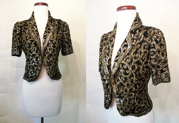 Dazzling 1930's Black with Gold Sequin Bolero Cock