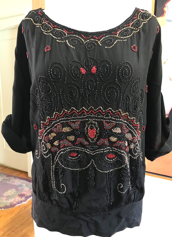 Amazing 1920's Art Deco Beaded Silk Blouse Roari… - image 3