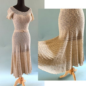 Charming 1950's Winter white Hourglass Knit Dress with silver Lurex woven in Size Med/Large image 1