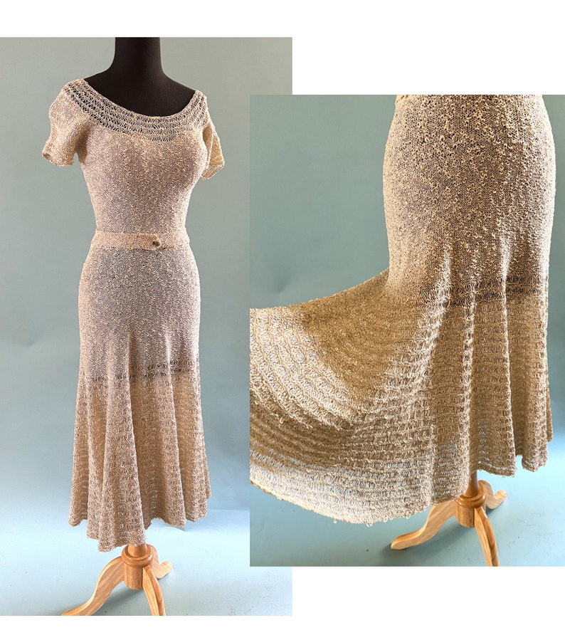 Charming 1950's Winter white Hourglass Knit Dress with silver Lurex woven in Size Med/Large image 1