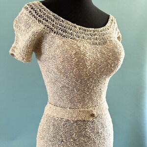 Charming 1950's Winter white Hourglass Knit Dress with silver Lurex woven in Size Med/Large image 3