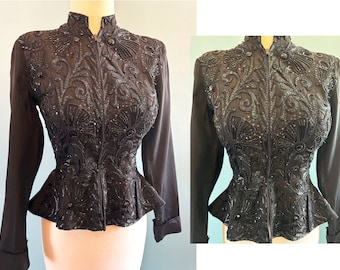 Exquisite and Very Rare Vintage 1930's Black Beaded Cocktail Blouse -- size Small