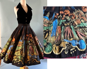 Killer Vintage 1950s Hand Painted Mexican Circle Skirt with traditional Mexican Serenading Music imagery. -- Size Small/Medium