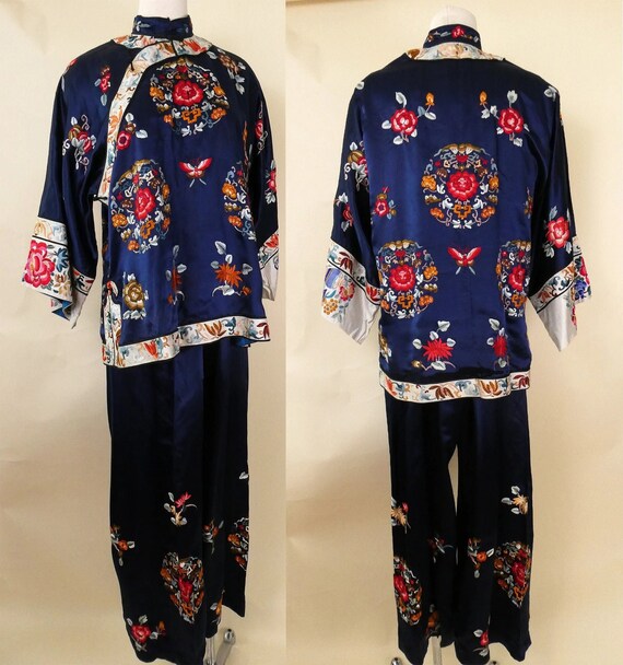 1940s Embroidered Pajama Set / Vintage Ombre Satin 2 Piece 