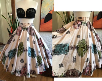 Awesome 1950s Mid Century Modern Asian Inspired  Novelty Print Circle Skirt with Matching belt! -- Size Medium