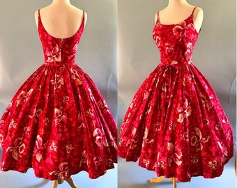 Flirty Vintage 1950's Hawaiian Red Tropical Print Sundress by "Kamehameha" of Hawaii -- size Small