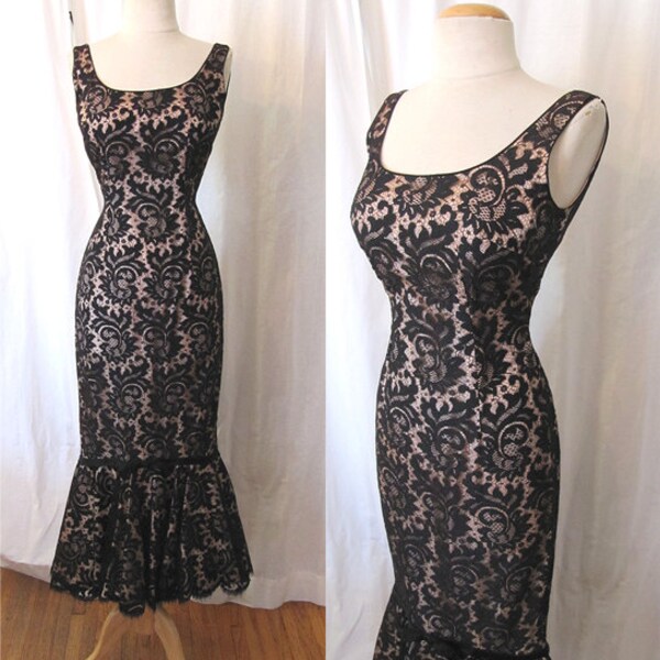 1950 Furtivo sirena de encaje negro vestido menea vacaciones por "Modas por Lee Jordan NY" Pinup Vixen Curvy fiesta vestido tamaño-pequeñas y medianas