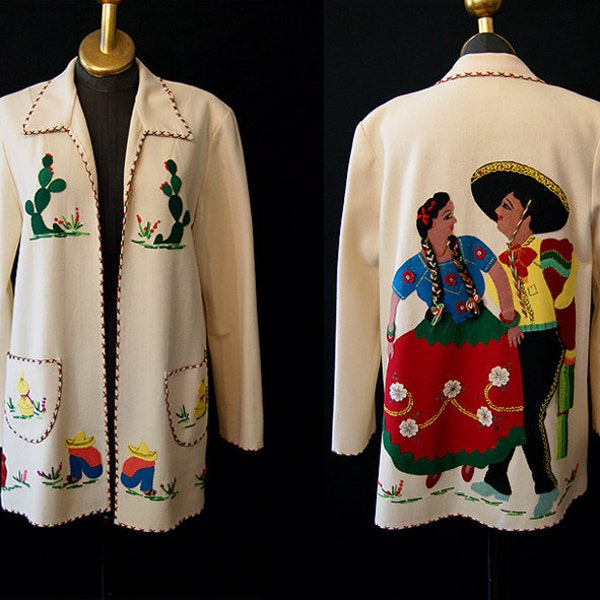 Rare1940's Mexican hand stitched applique cream wool tourist jacket made in Mexico vlv rockabilly ranch - size Large