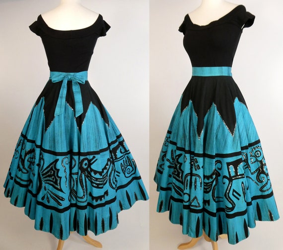 Killer 1950's Hand Painted Mexican Circle Skirt wi