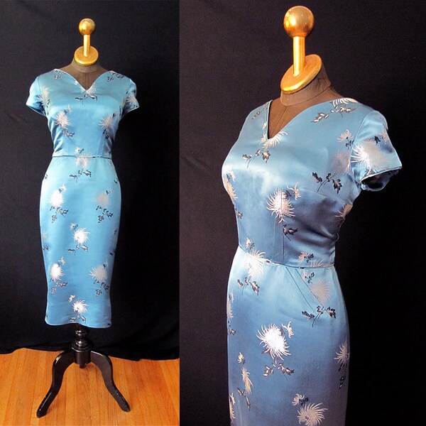 Lovely 1950's Blue Silk Brocade Wiggle Cocktail Dress Vintage Rockabilly VLV Pinup Hourglass Vixen Size-Large