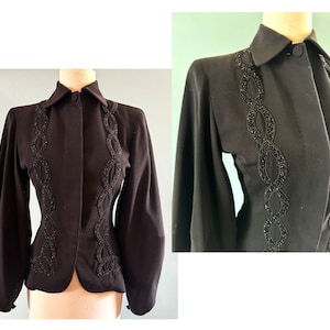 Superbe veste en gabardine noire perlée vintage des années 1940 avec manches lanternetaille petite image 1