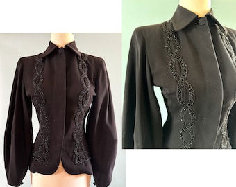 Stunning Vintage 1940s Beaded Black Gabardine Jacket with Lantern Sleeves --  Size Small