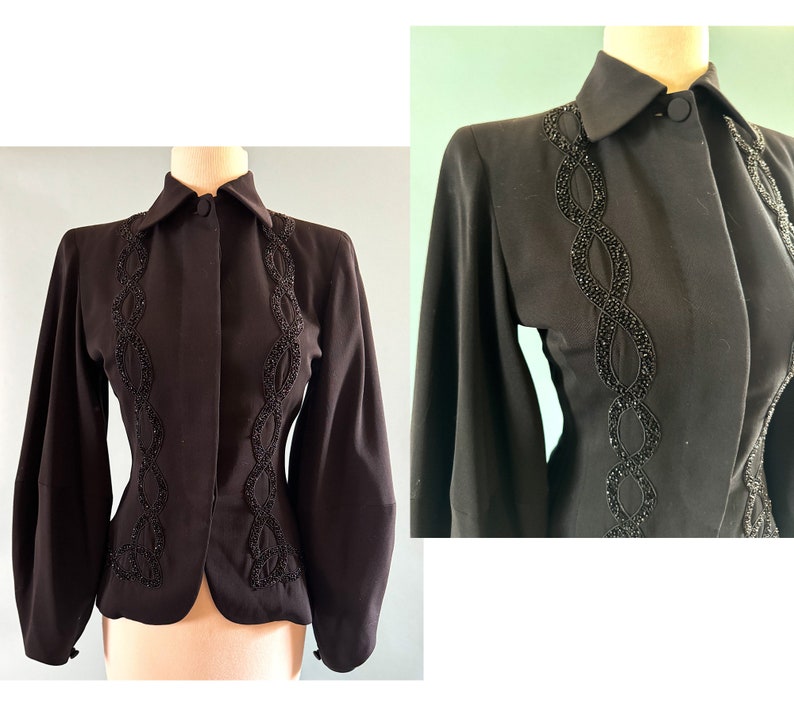 Superbe veste en gabardine noire perlée vintage des années 1940 avec manches lanternetaille petite image 1