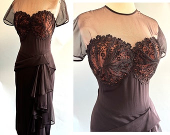 ON HOLD!  Exquisite Vintage 1950's Dorthy O' Hara Designer Cocktail Party Dress with Lace bodice  -- Size Small