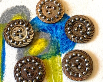 Antique Carved MOP Buttons with Cut Steels Set of Five Bronze Tone Buttons