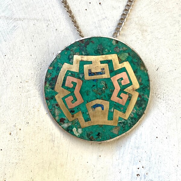 Vintage Taxco Mixed Metals Inlay Pendant Brooch Turquoise and Lapis Inlay