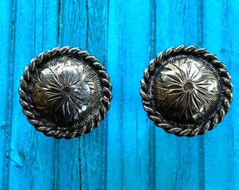 Vintage Sterling Silver Bridle Conchos Saddle Conchos Etched Sterling Original Screws