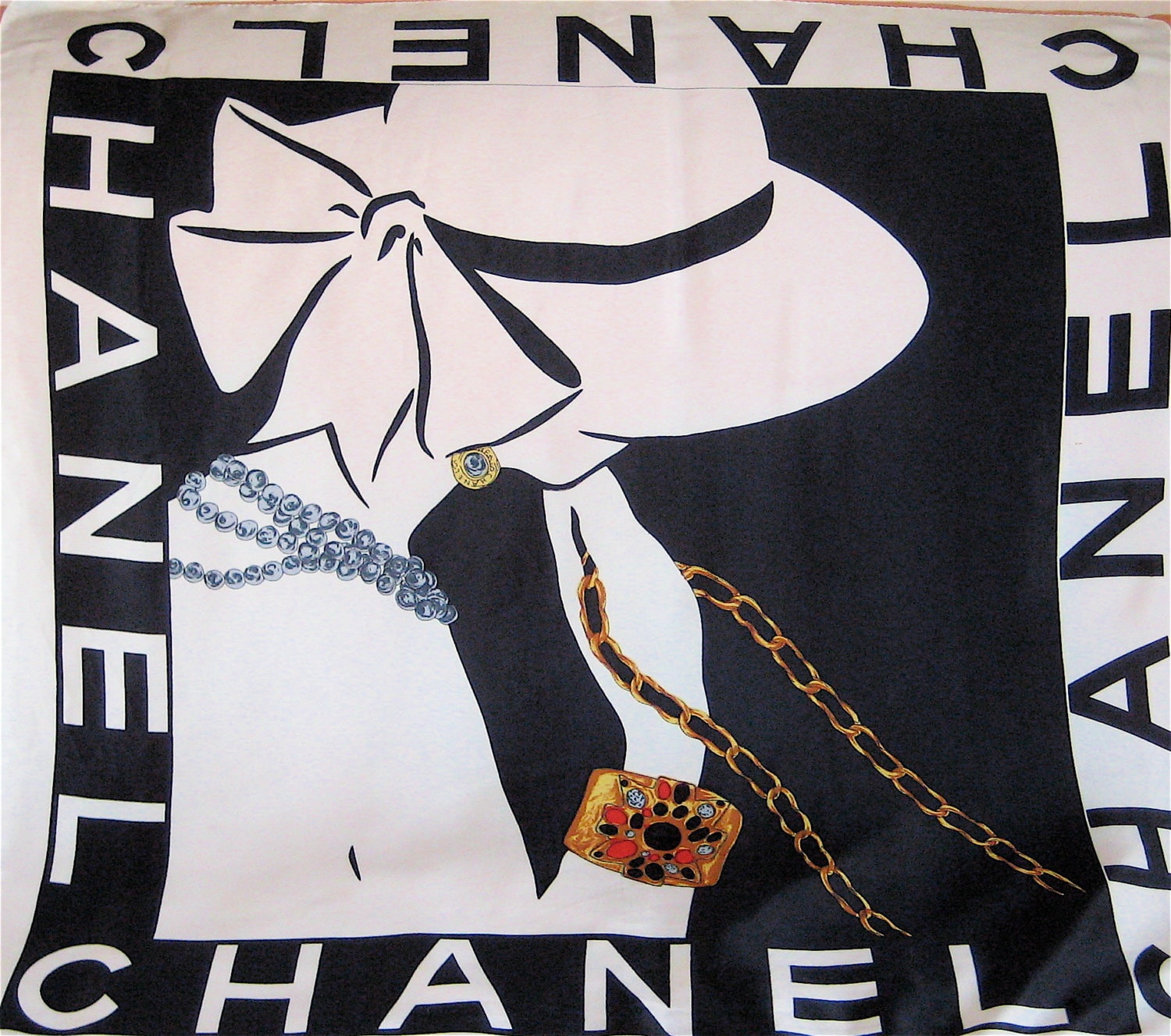 Chanel Black and White coco Chanel Vintage Scarf Long 