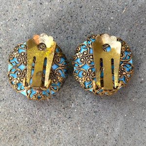 Vintage Gold Tone Filigree Blue Glass Earrings Clips image 4