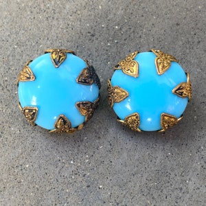 Vintage Gold Tone Filigree Blue Glass Earrings Clips image 3