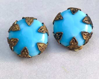 Vintage Gold Tone Filigree Blue Glass Earrings Clips