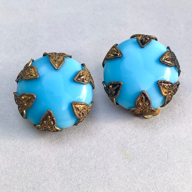 Vintage Gold Tone Filigree Blue Glass Earrings Clips image 1