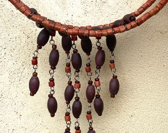 Vintage Boho Wood Beaded Chocker Wrap Necklace Dangle Choker