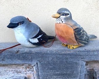 Vintage Hand Carved Wood Birds with Glass Eyes Ornaments