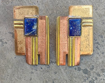 Vintage Artisan Copper Gold Tone Lapis Stone Clip Earrings/ On Sale