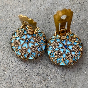 Vintage Gold Tone Filigree Blue Glass Earrings Clips image 2
