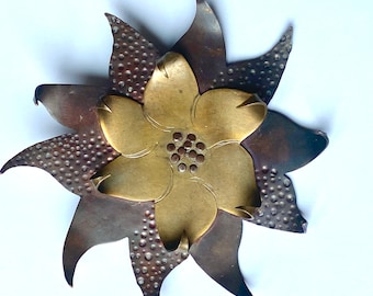 Vintage Artisan Hand Wrought Copper and Brass Sunflower Brooch