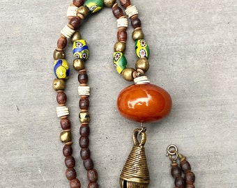 Vintage Ethnic Mixed Elements Necklace African Millefiori Trade Beads Brass Wood Copal Amber Bead Focal