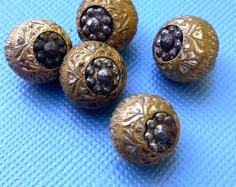 Antique Cut Steel and Etched Brass Buttons Set of Five