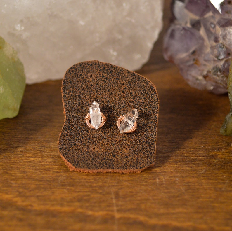 4mm double terminated quartz point gemstone and rose gold stud earrings