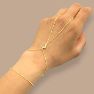 925 Sterling Silver Moon Hand Chain Bracelet: 14K Gold Plated Shahmaran