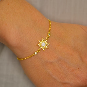 Sterling Silver Sun Bracelet: 14K Gold Charm, White Opal Accent